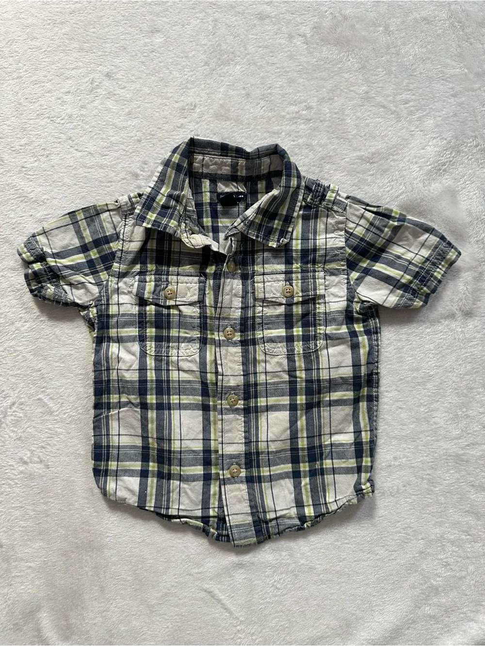 Baby Gap Plaid Short Sleeve Button Up Shirt White Blue Boys Size 18-24 Months